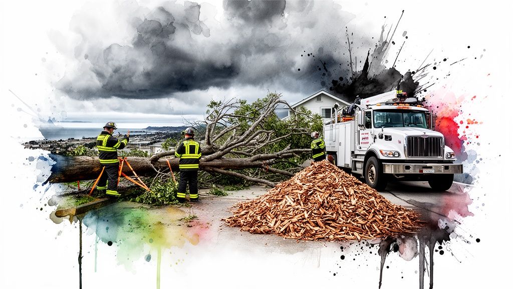 Utility crew clearing a large fallen tree from a road with a truck after a storm.