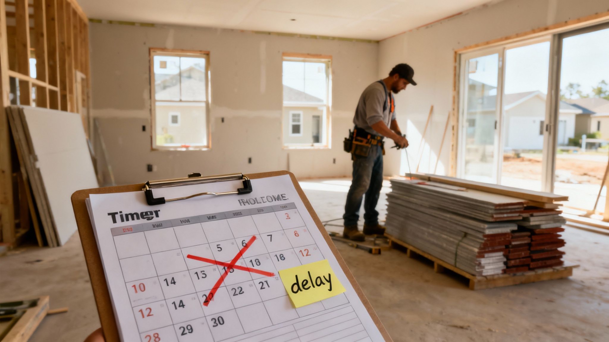 A close-up of a construction project calendar with 'delay' noted, worker and house framing in background.