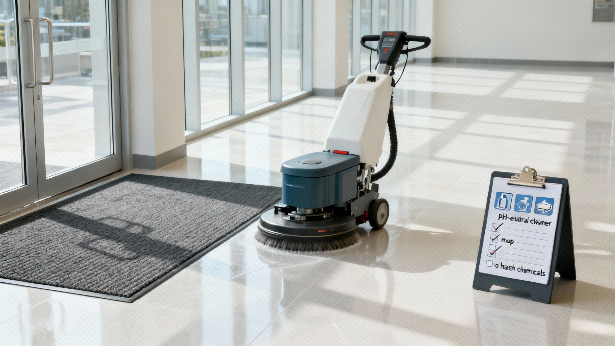 A clean, glossy commercial floor reflecting overhead lights, demonstrating the result of proper maintenance.