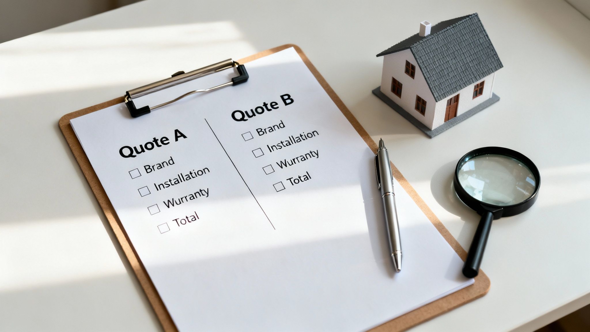 A clipboard displaying two service quotes for home improvements next to a small house model and magnifying glass.