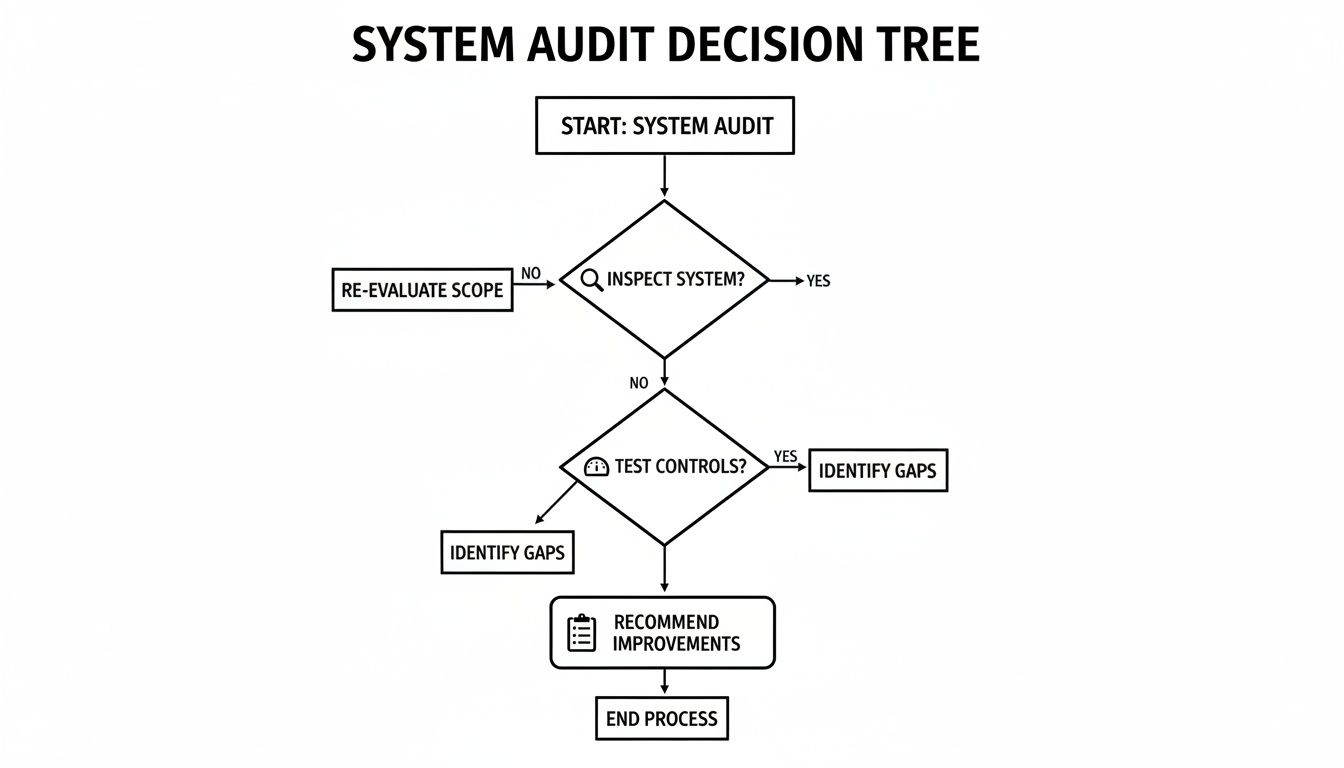 A flowchart showing the system audit decision tree, including inspection, testing, and recommendations.