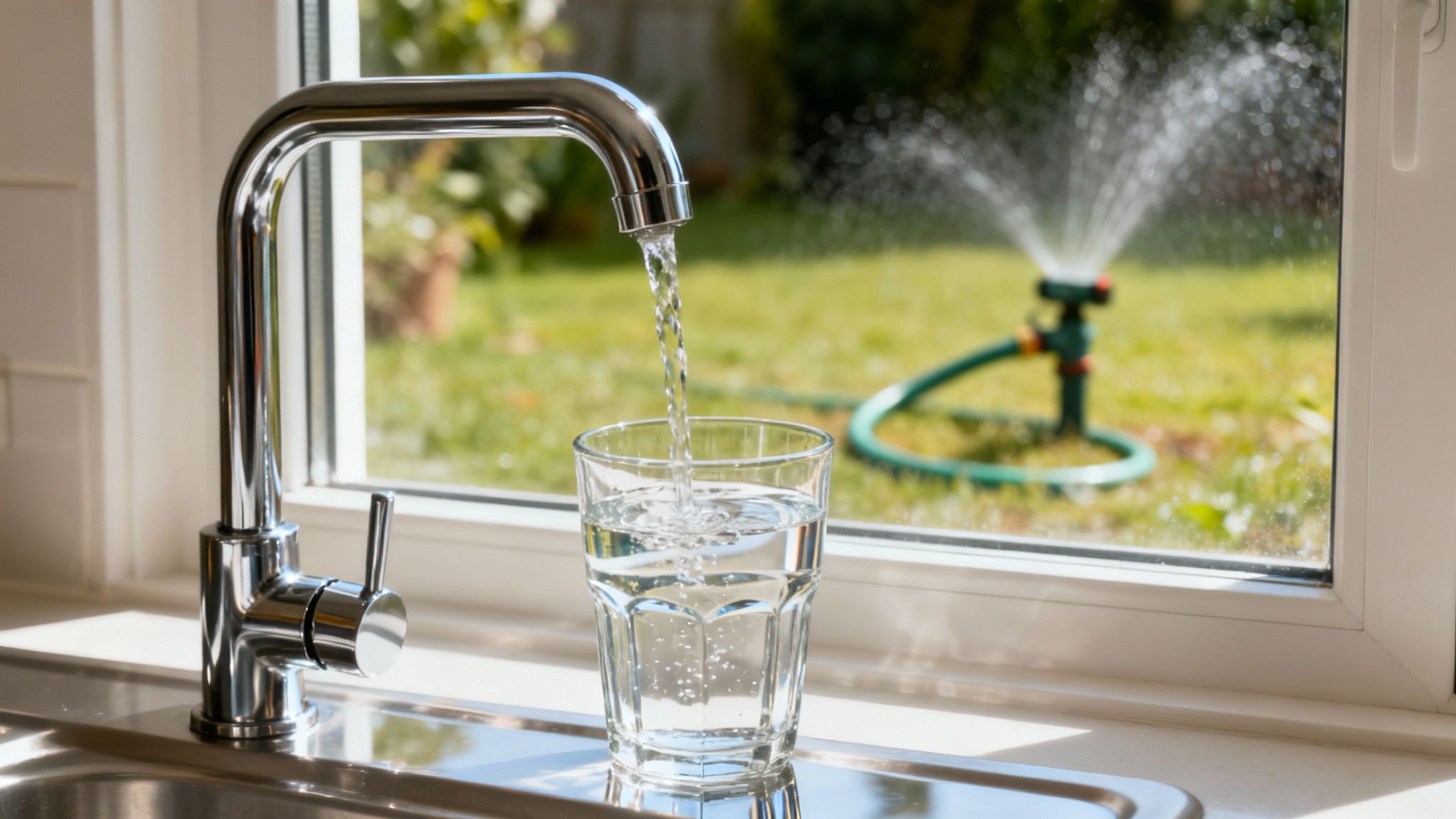 A plumber inspecting a backflow prevention device on a home's exterior.