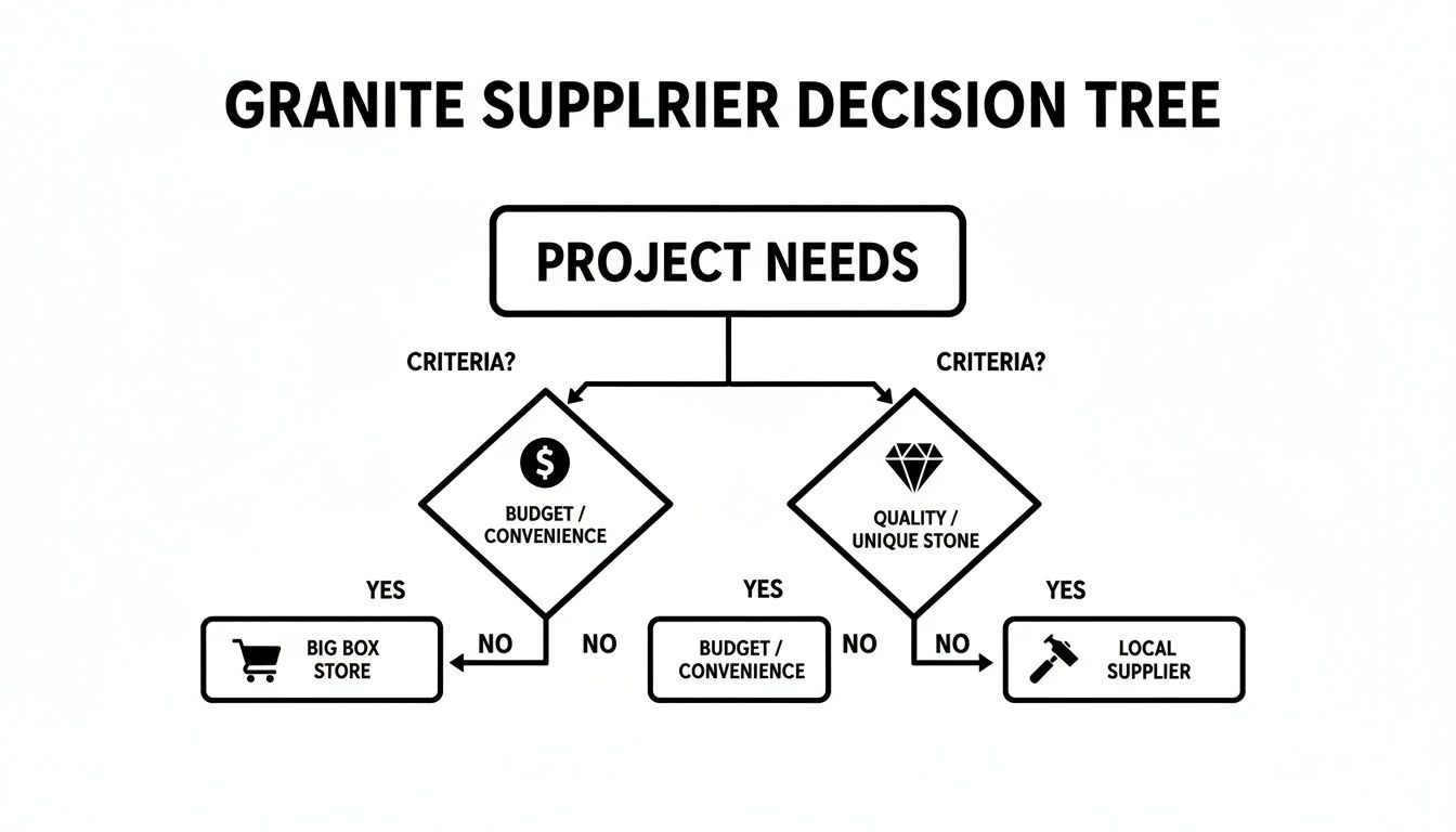 A decision tree diagram illustrating how to choose between big box and local granite suppliers.