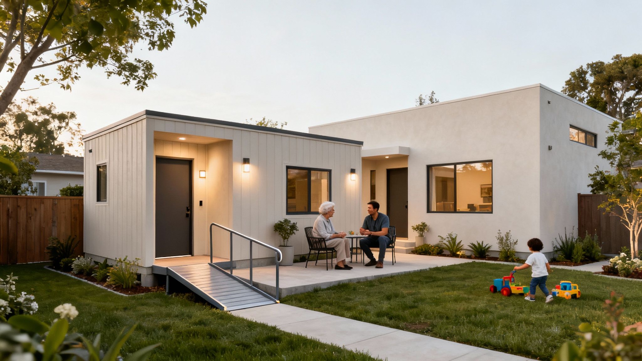 Modern accessible backyard ADU with wheelchair ramp hosting multigenerational family gathering outdoors