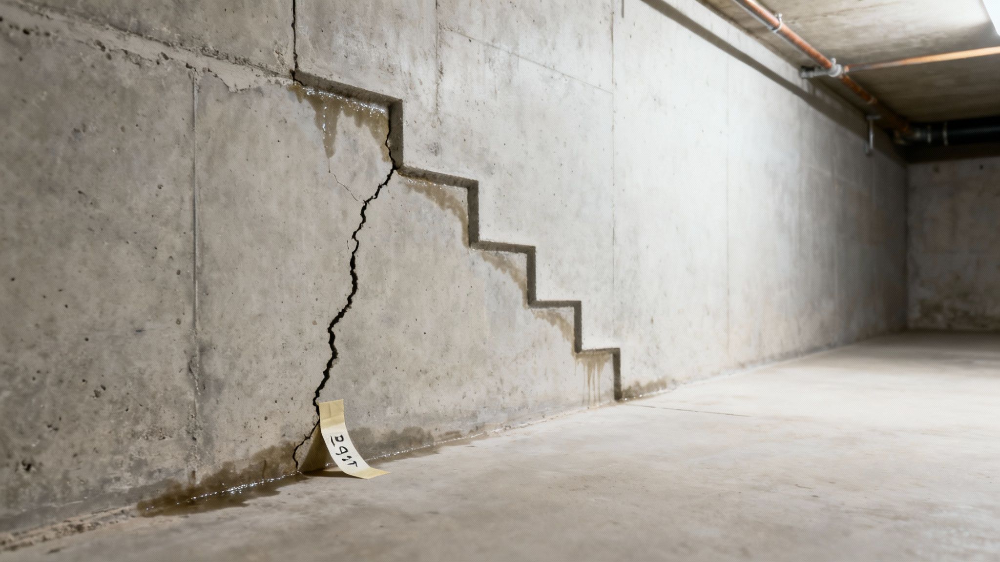 Damaged concrete basement wall with significant cracks and active water leakage onto the floor.