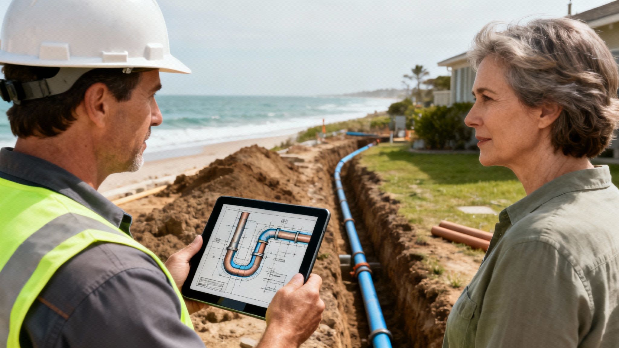 A construction crew works on installing large drainage pipes in a trench.