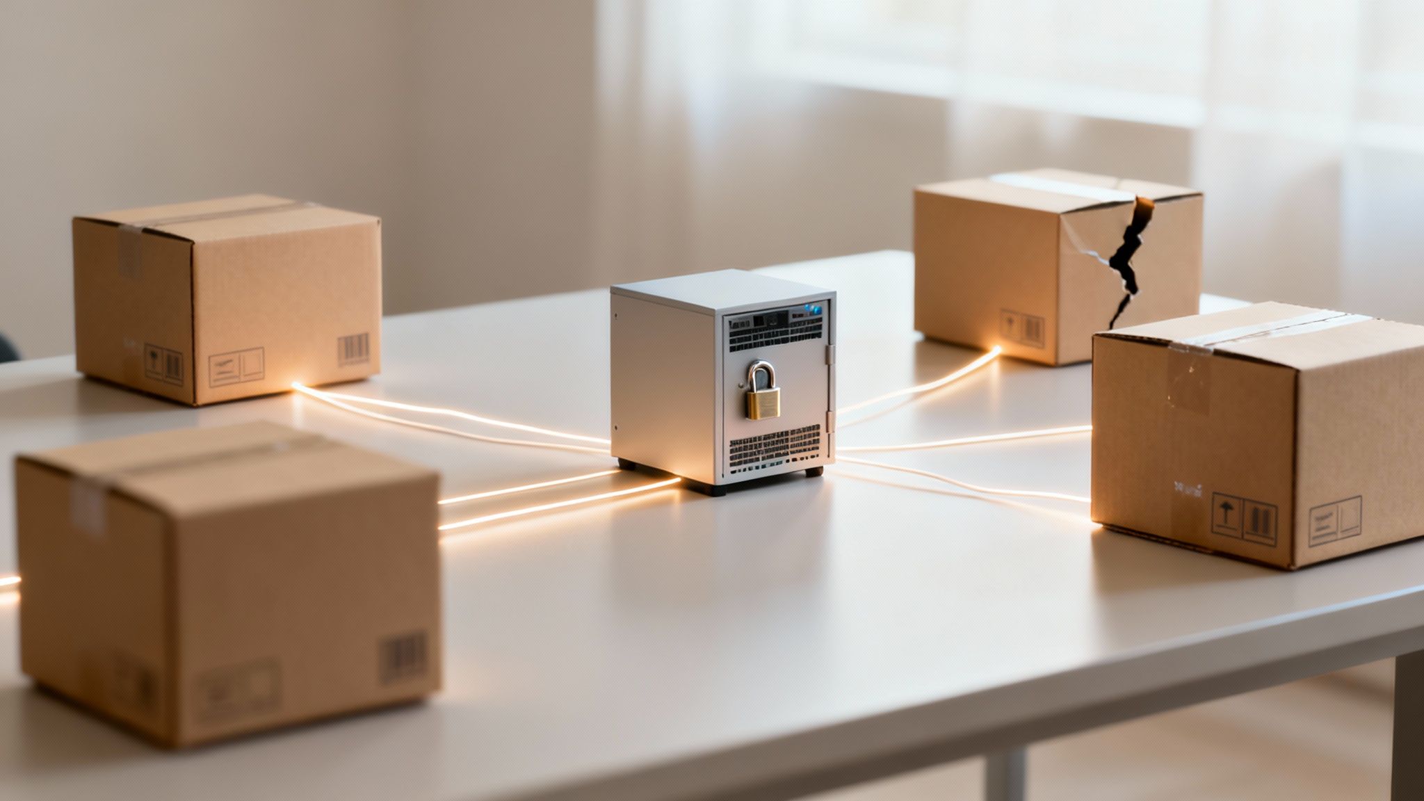 A central server with a padlock is connected to four cardboard boxes by glowing lines, one box is damaged.
