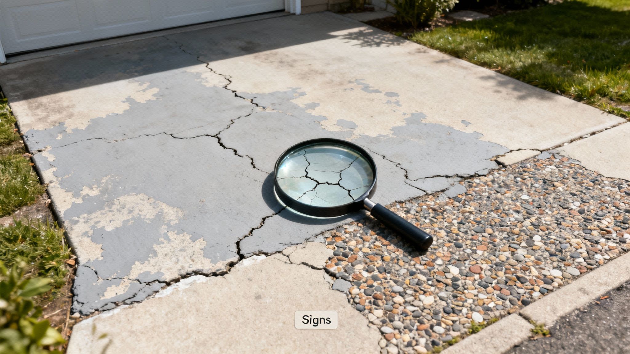A magnifying glass highlights severe cracks and peeling sealant on a damaged asphalt driveway, indicating maintenance issues.