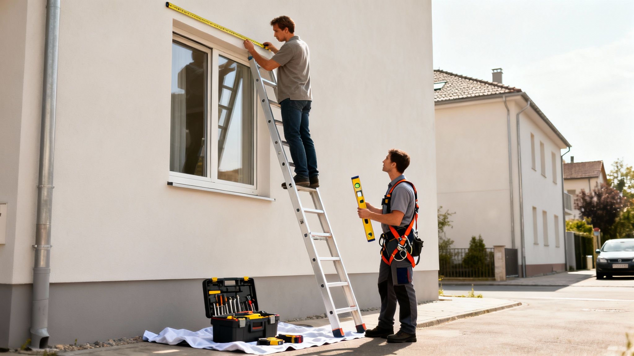 Two men installing a window: one on a ladder measuring, the other holding a level.