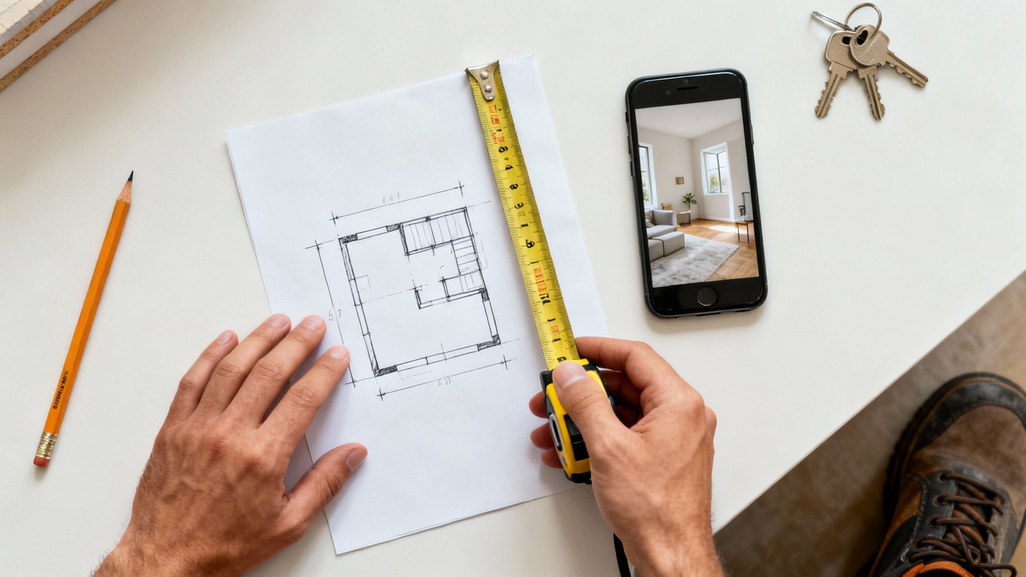 Hands measuring a hand-drawn floor plan with a tape measure, alongside a smartphone displaying a modern living room and house keys.