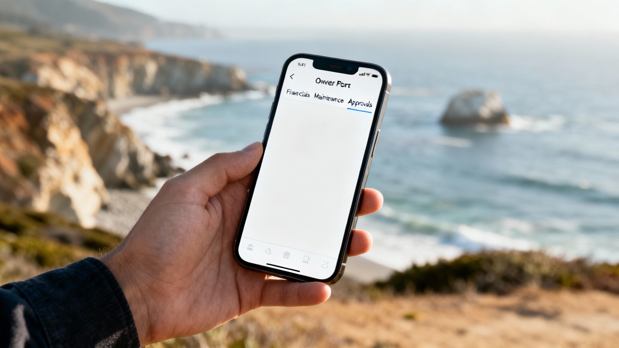 A hand holds a smartphone displaying an "Owner Port" app against a scenic coastal background.