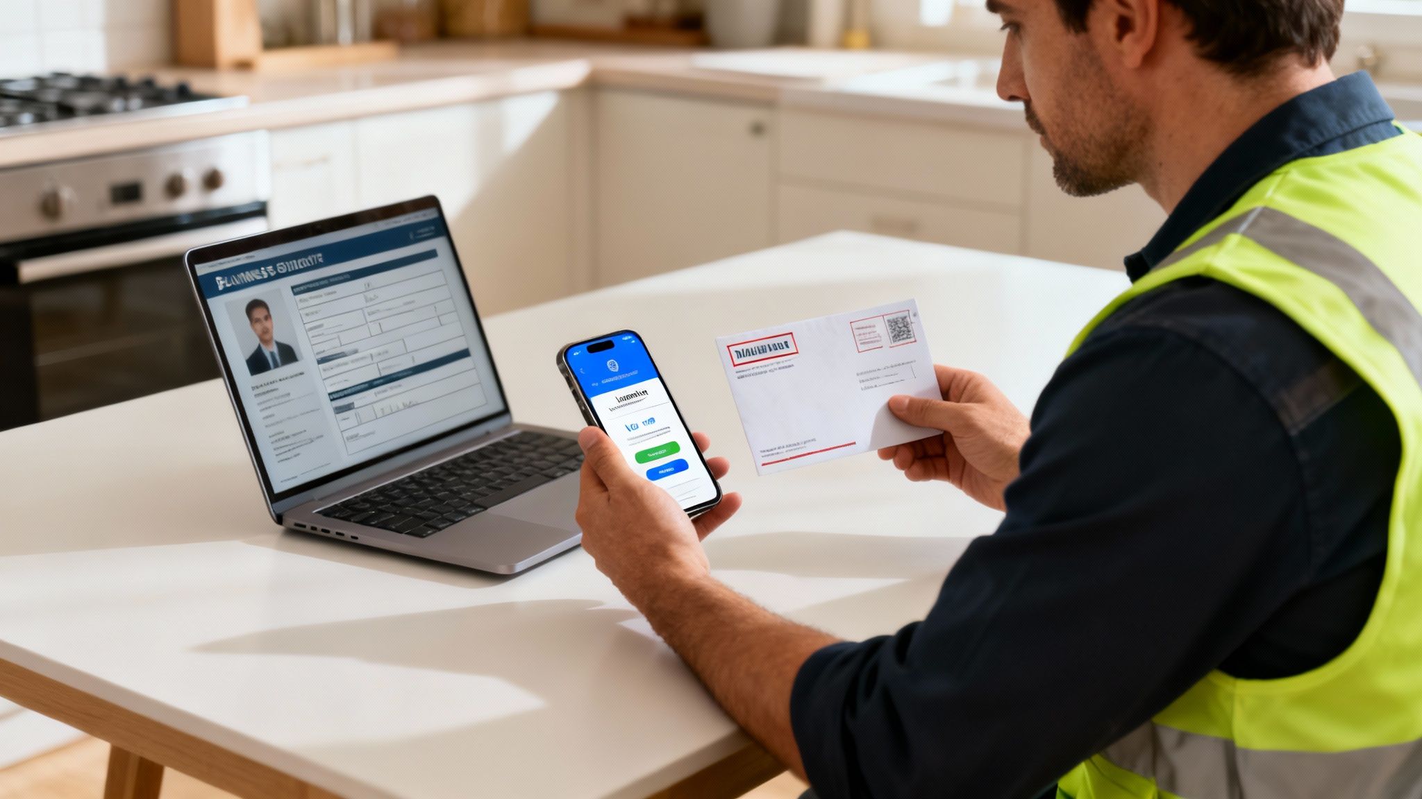 Man in high-vis vest scanning envelope with smartphone, laptop displaying a profile form in a modern kitchen setting.