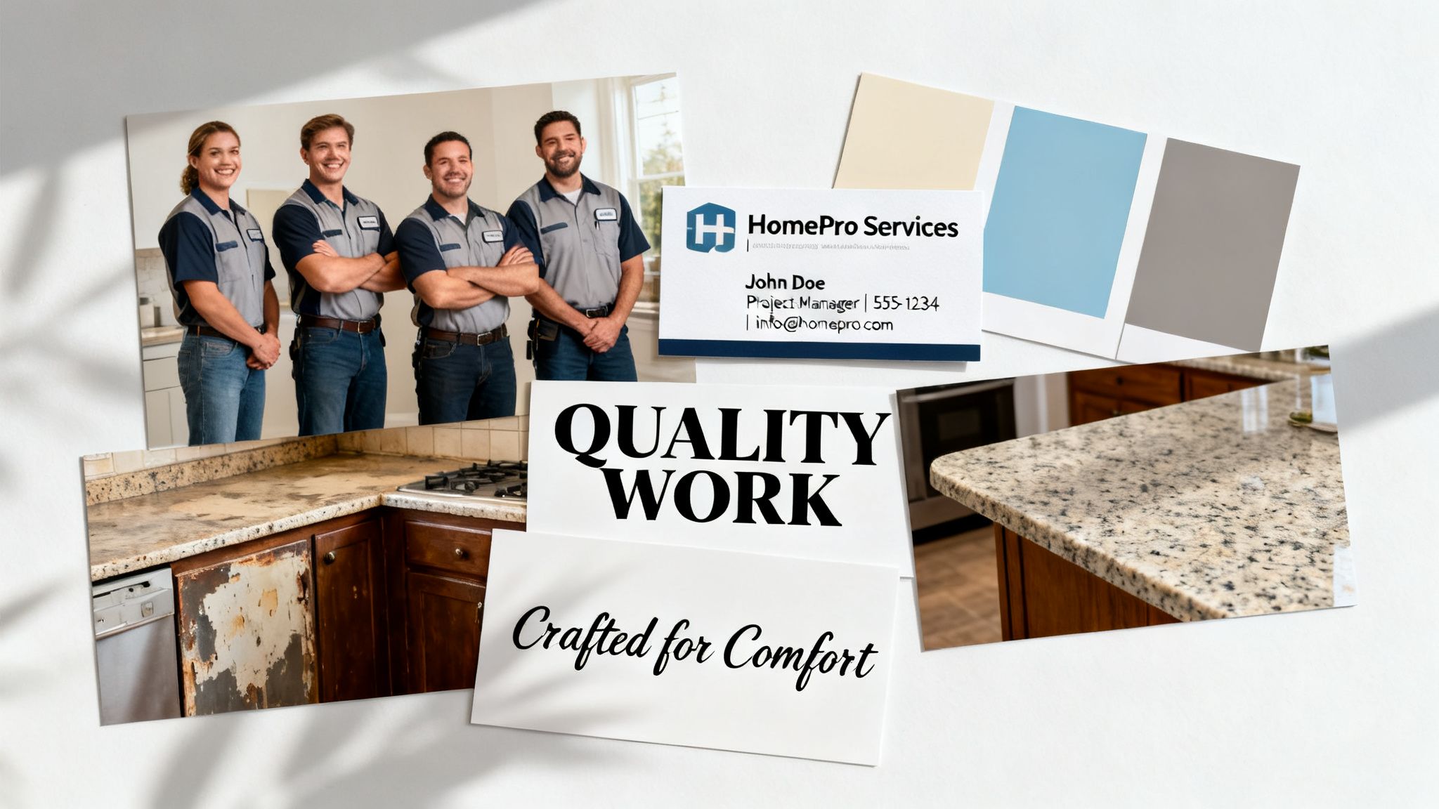 Home services collage with smiling technicians, business card, before/after kitchen renovation, and quality work.