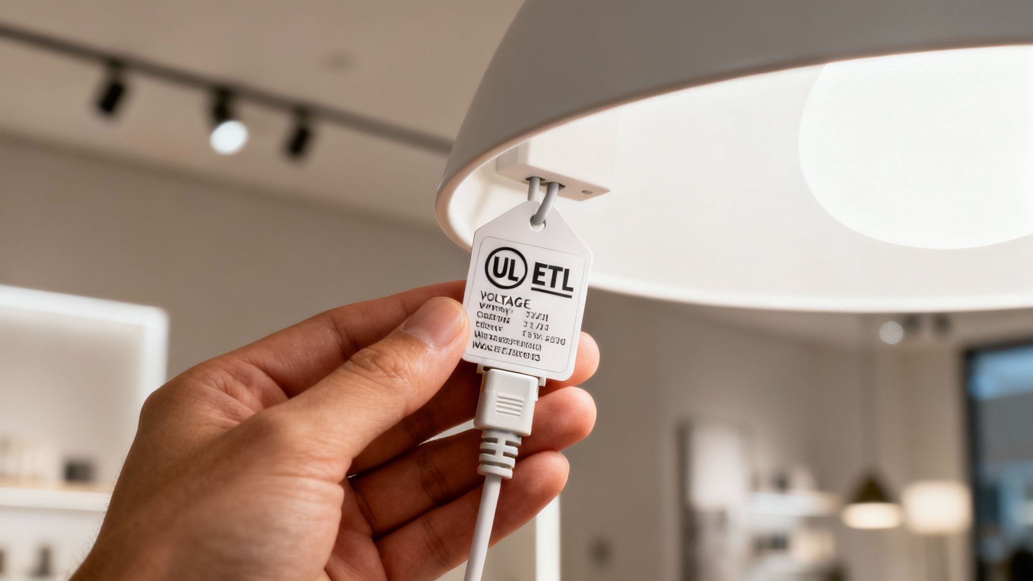 A hand holds a white UL ETL certification tag attached to a modern light fixture's power cable.
