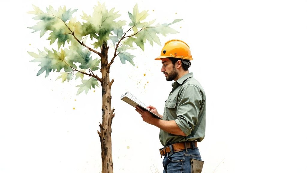A man in an orange hard hat and green shirt examines a clipboard next to a watercolor-style tree.