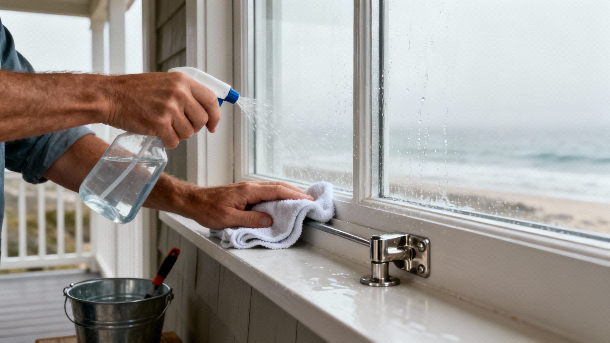 Hands cleaning a window with spray and cloth, revealing a coastal beach view.