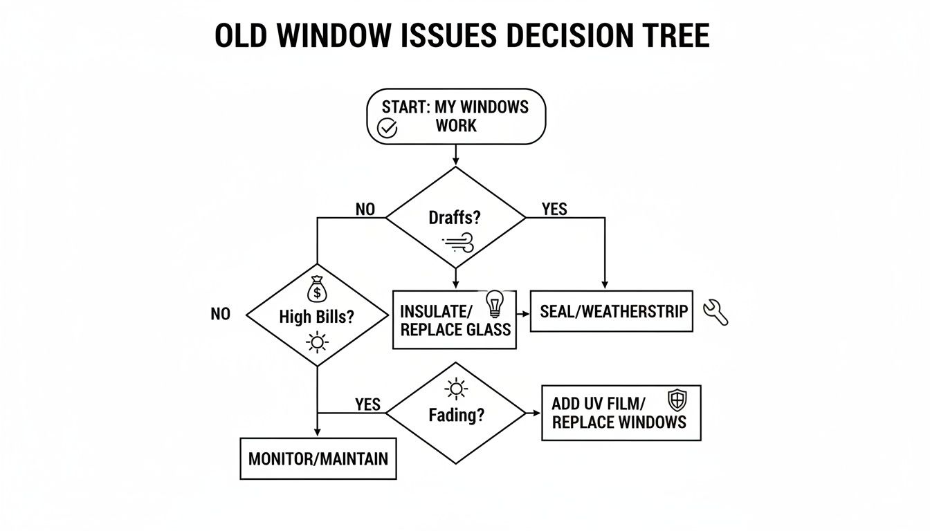 Decision tree outlining solutions for old window issues like drafts, high bills, and fading.