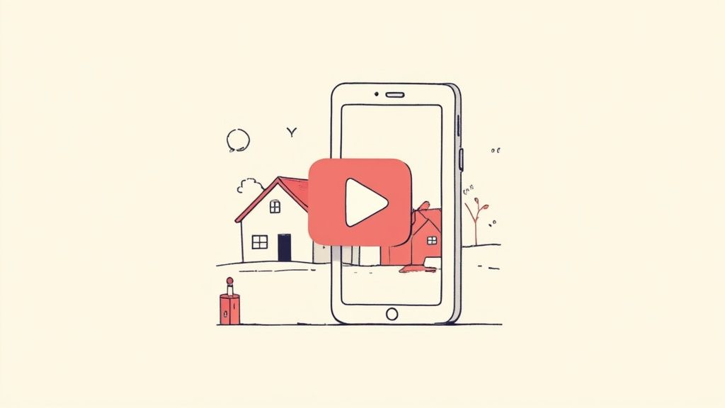 A cartoon illustration of a smartphone displaying houses and a landscape, with a red play button overlay.