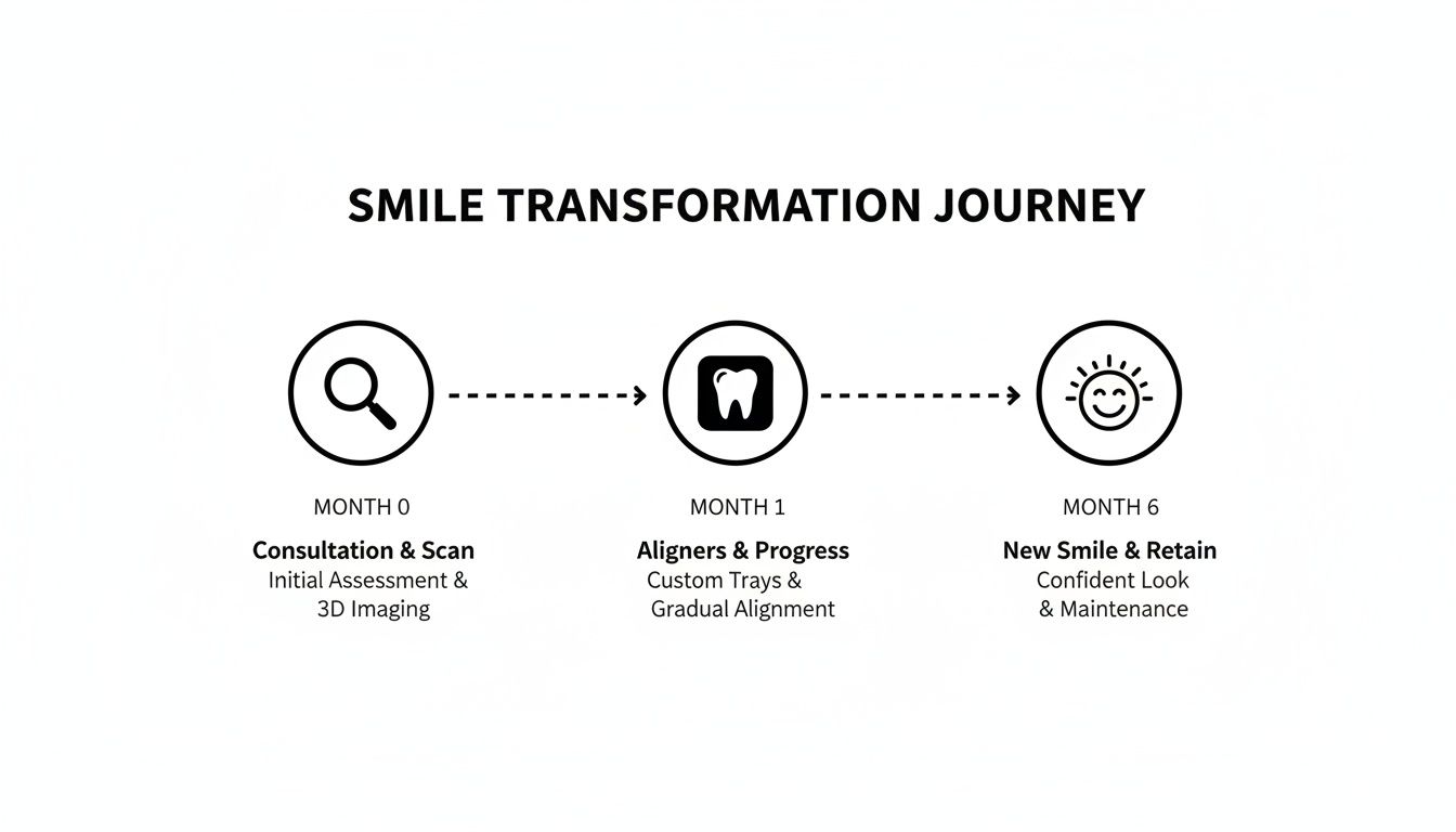 Timeline illustrating a 6-month smile transformation journey, from initial scan to new smile.