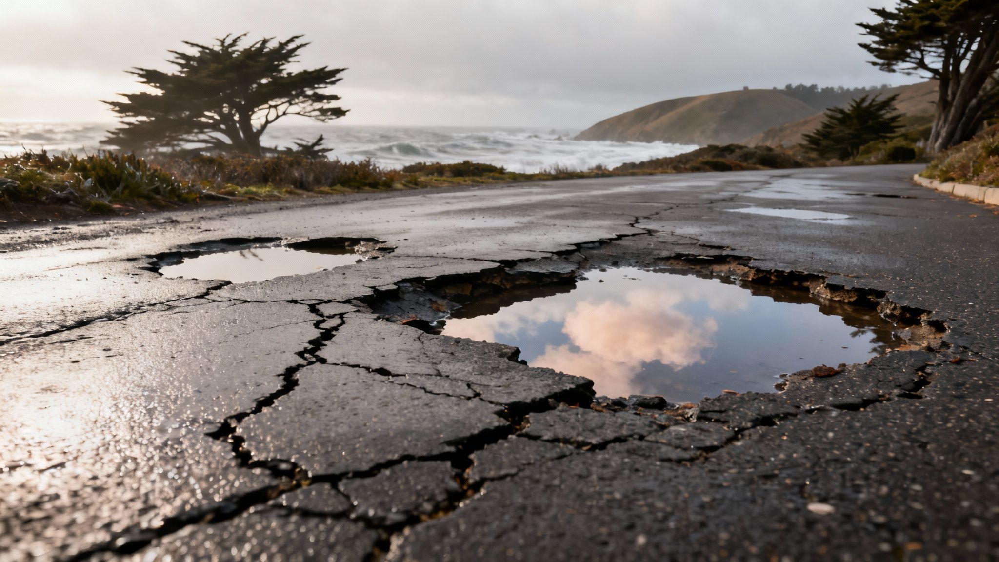 A cracked asphalt road with puddles reflecting the sky, overlooking a stormy ocean and coastal hills.