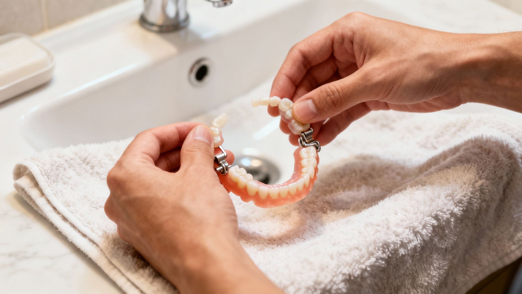 A dentist examining a patient's partial denture fit in a modern dental office.