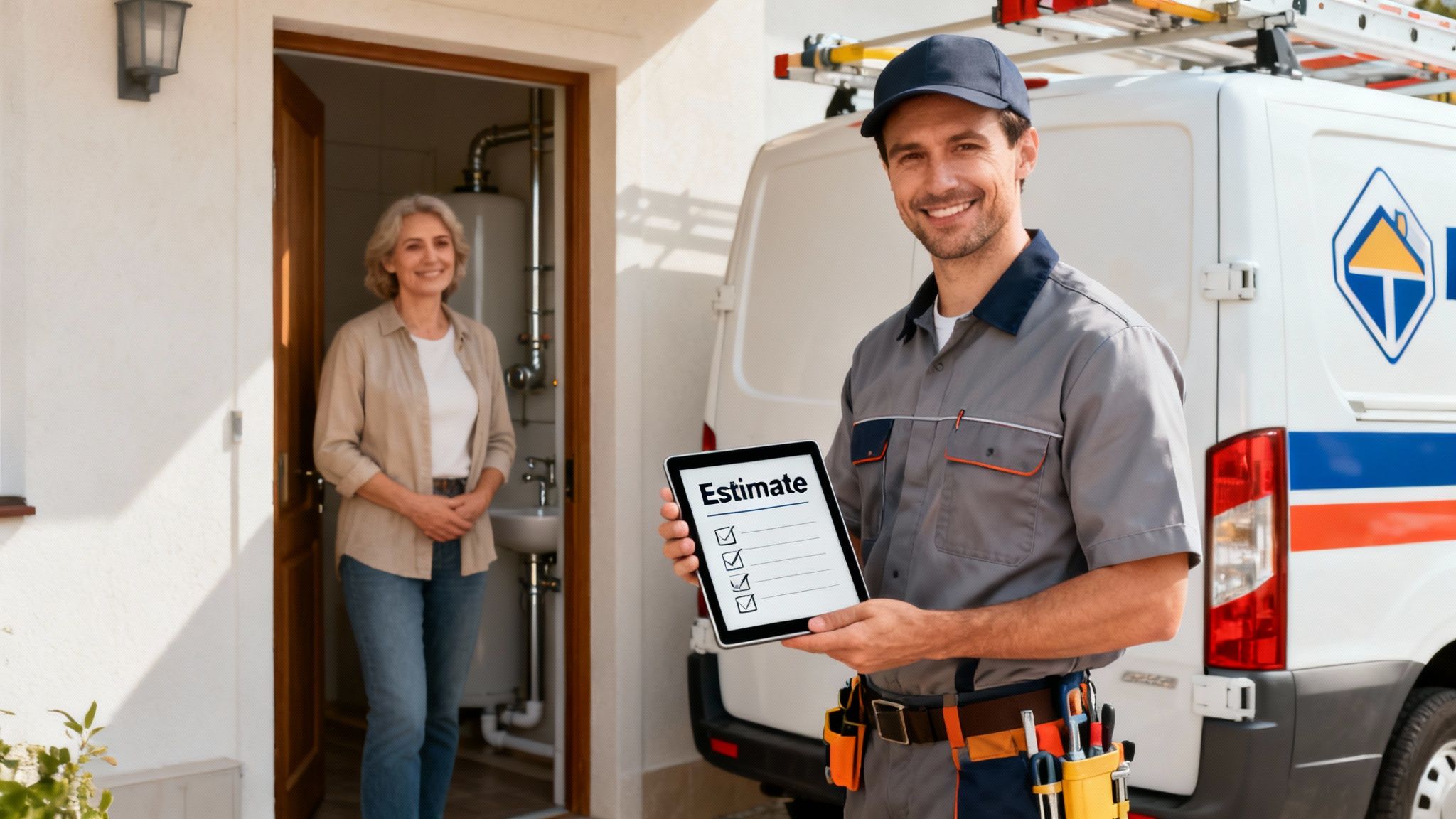 A smiling plumber in uniform holds a tablet with an 'Estimate' form, while a woman stands in her doorway.