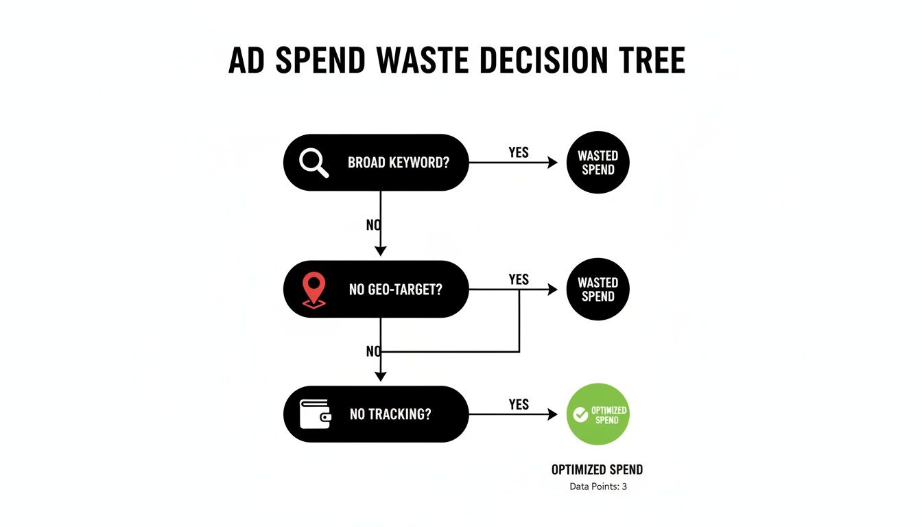 Flowchart illustrating an ad spend waste decision tree asking about broad keywords, geo-targeting, and tracking.