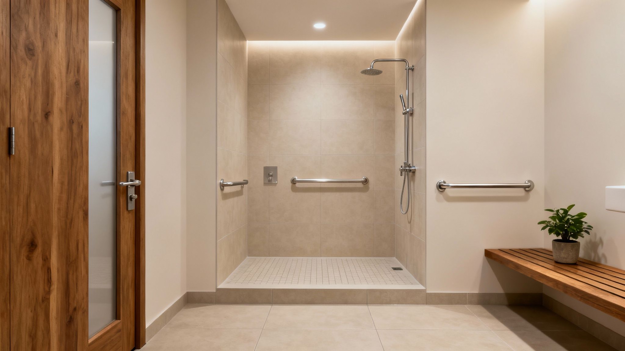 A modern, accessible bathroom with a walk-in shower and stylish grab bars.