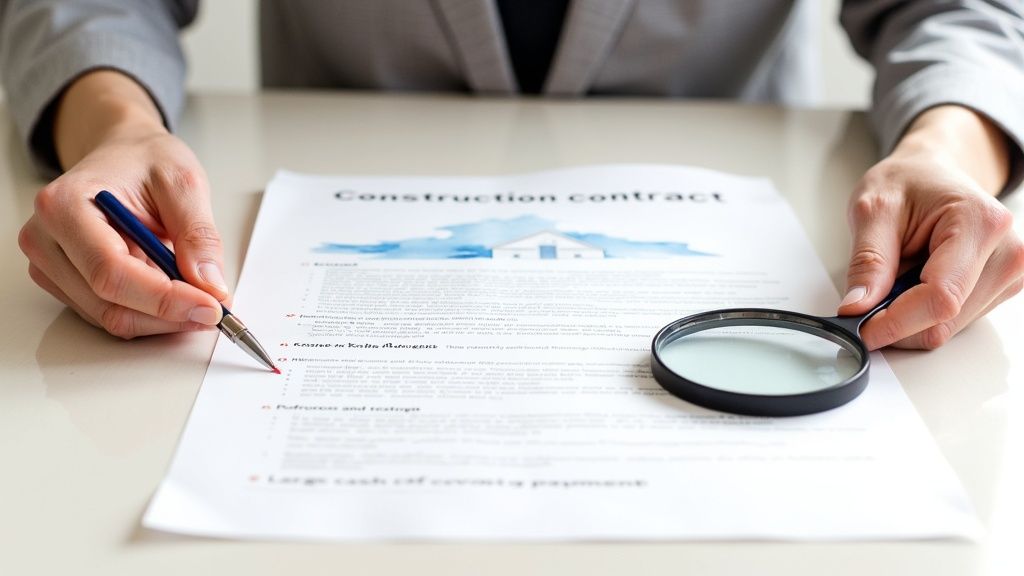 Close-up of a person's hands reviewing a construction contract with a pen and magnifying glass.
