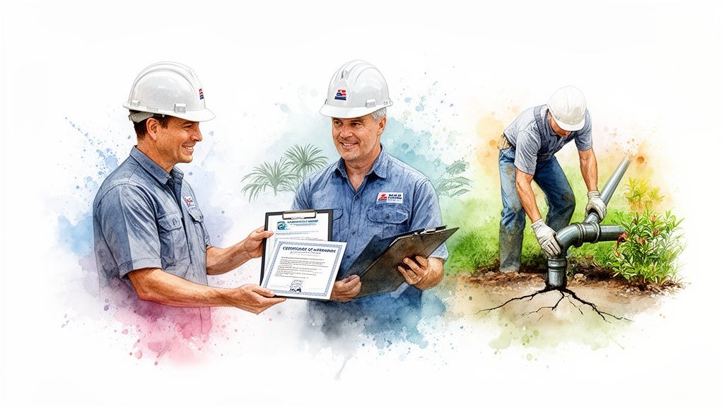 Construction workers, two exchanging a certificate, one installing pipes underground, symbolizing professional service.
