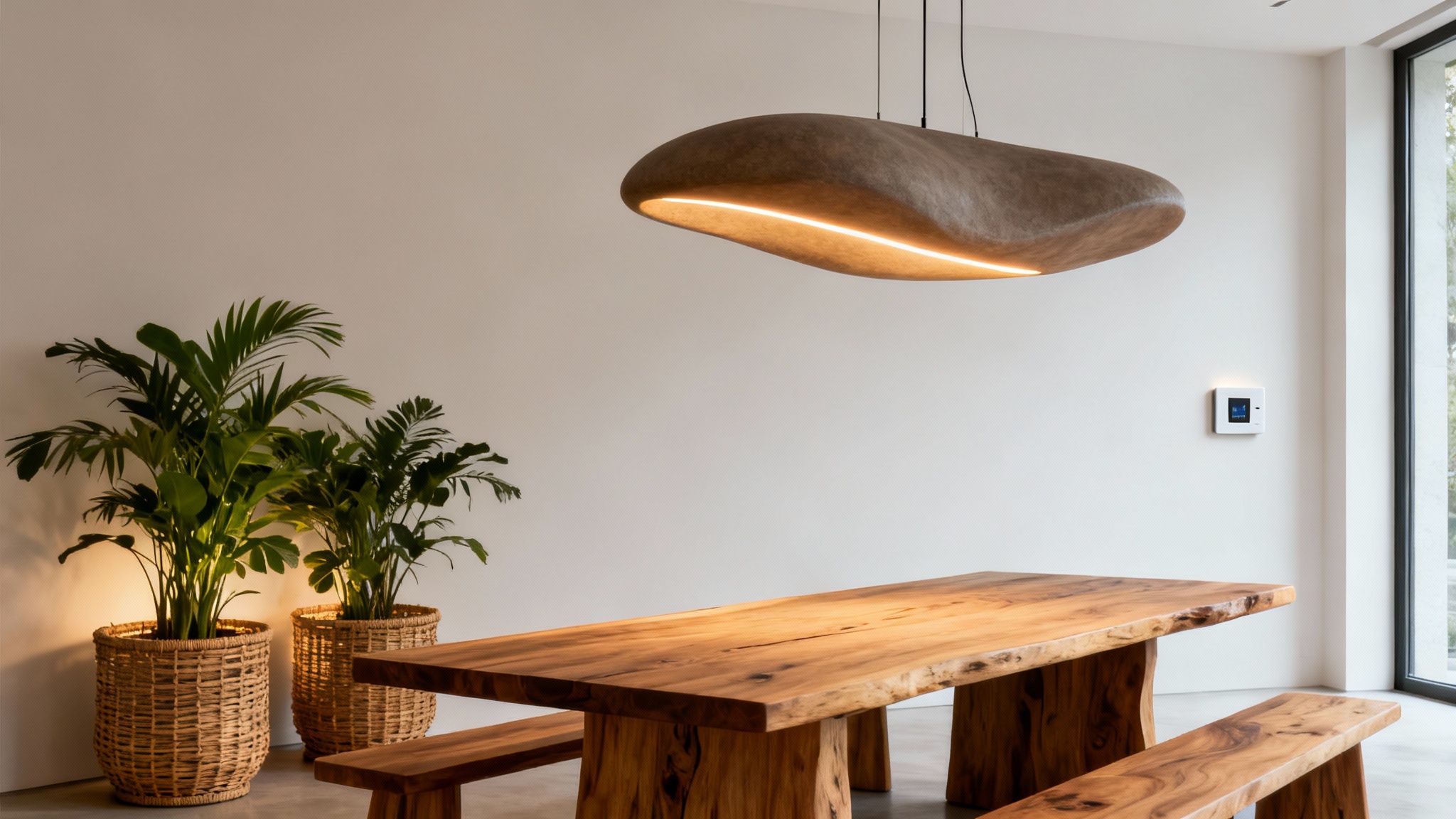 Modern dining area with unique ambient pendant light, natural wood table, and potted plants.