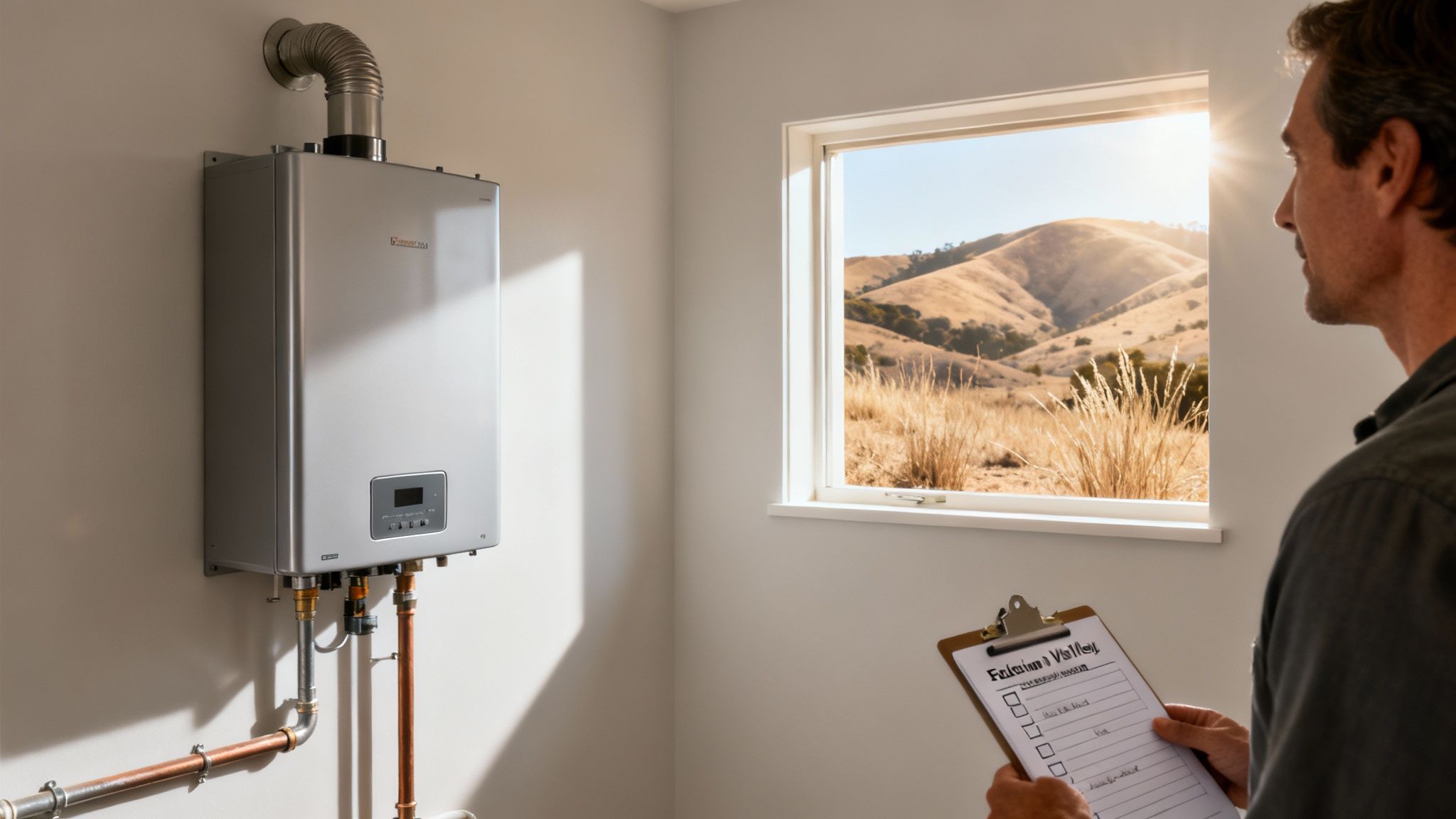 A man inspects a new tankless water heater while looking out at dry, sunny hills.