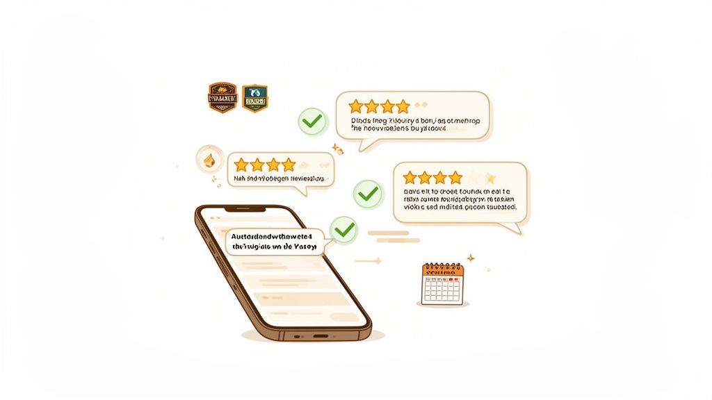 A smartphone displaying customer reviews and star ratings, with checkmarks indicating positive feedback and a calendar.
