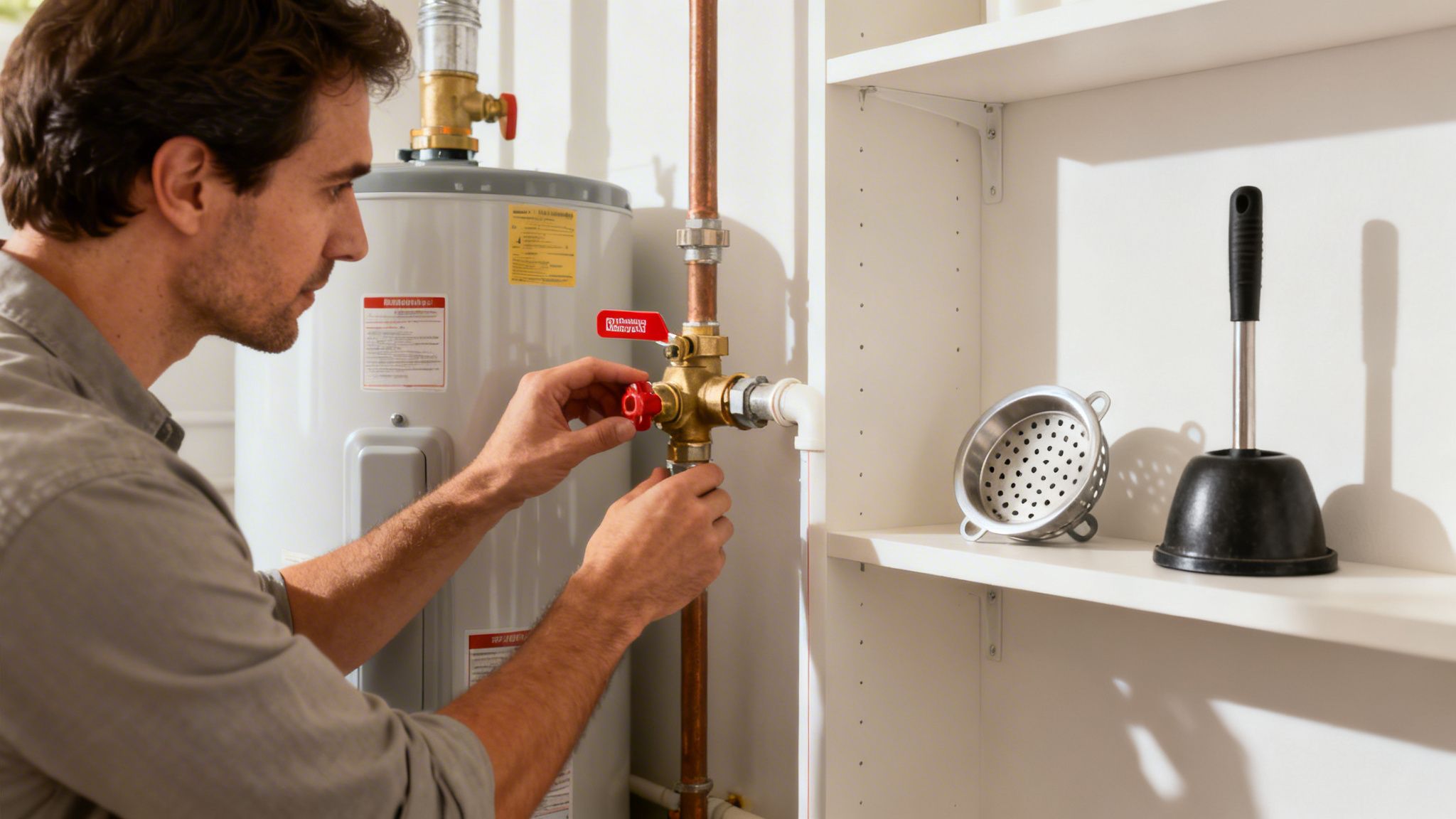 A man adjusts a red valve on a water heater with copper pipes in a utility room.