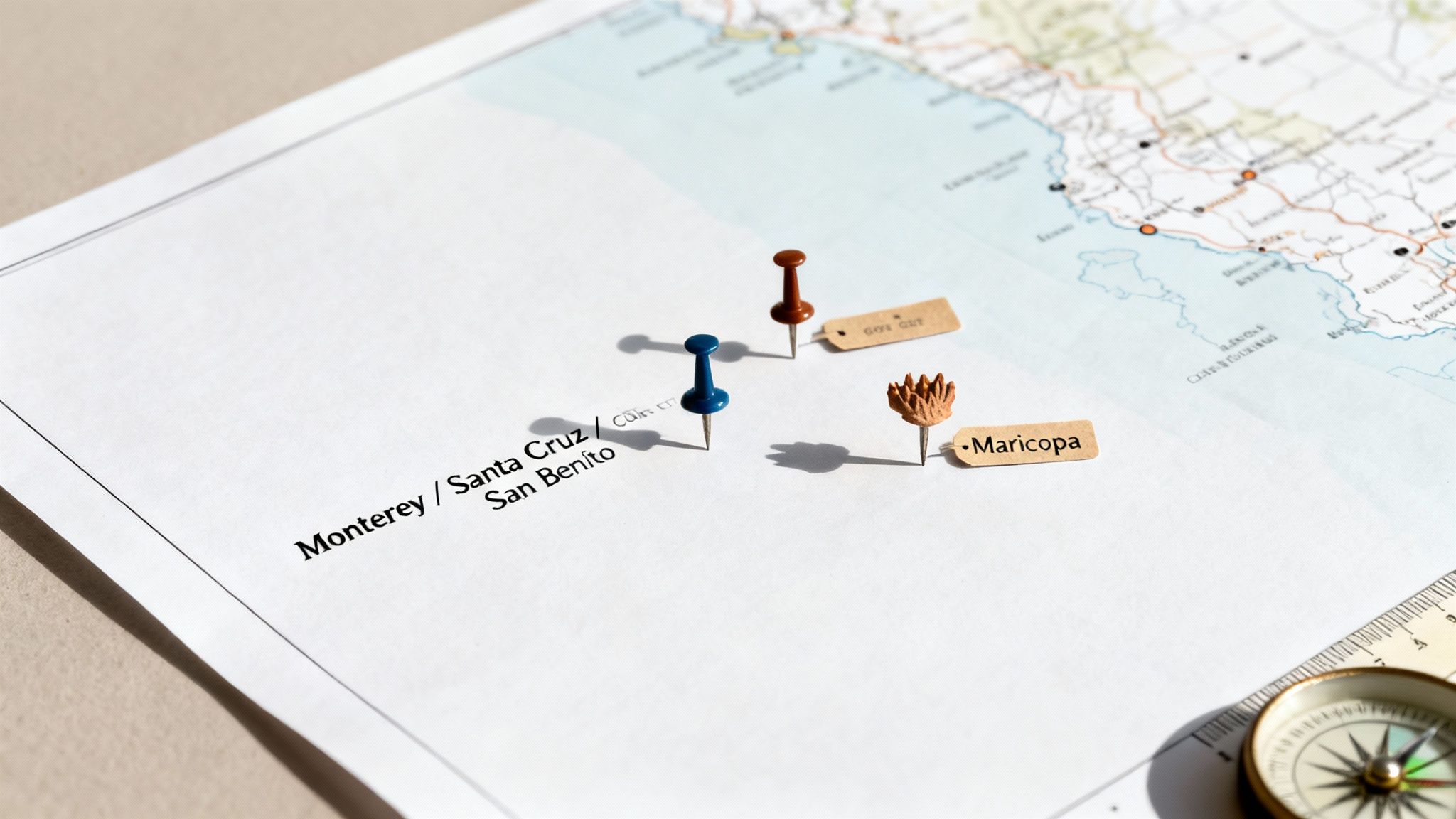 Close-up of a map with pushpins, location tags (Maricopa), and text, alongside a compass.