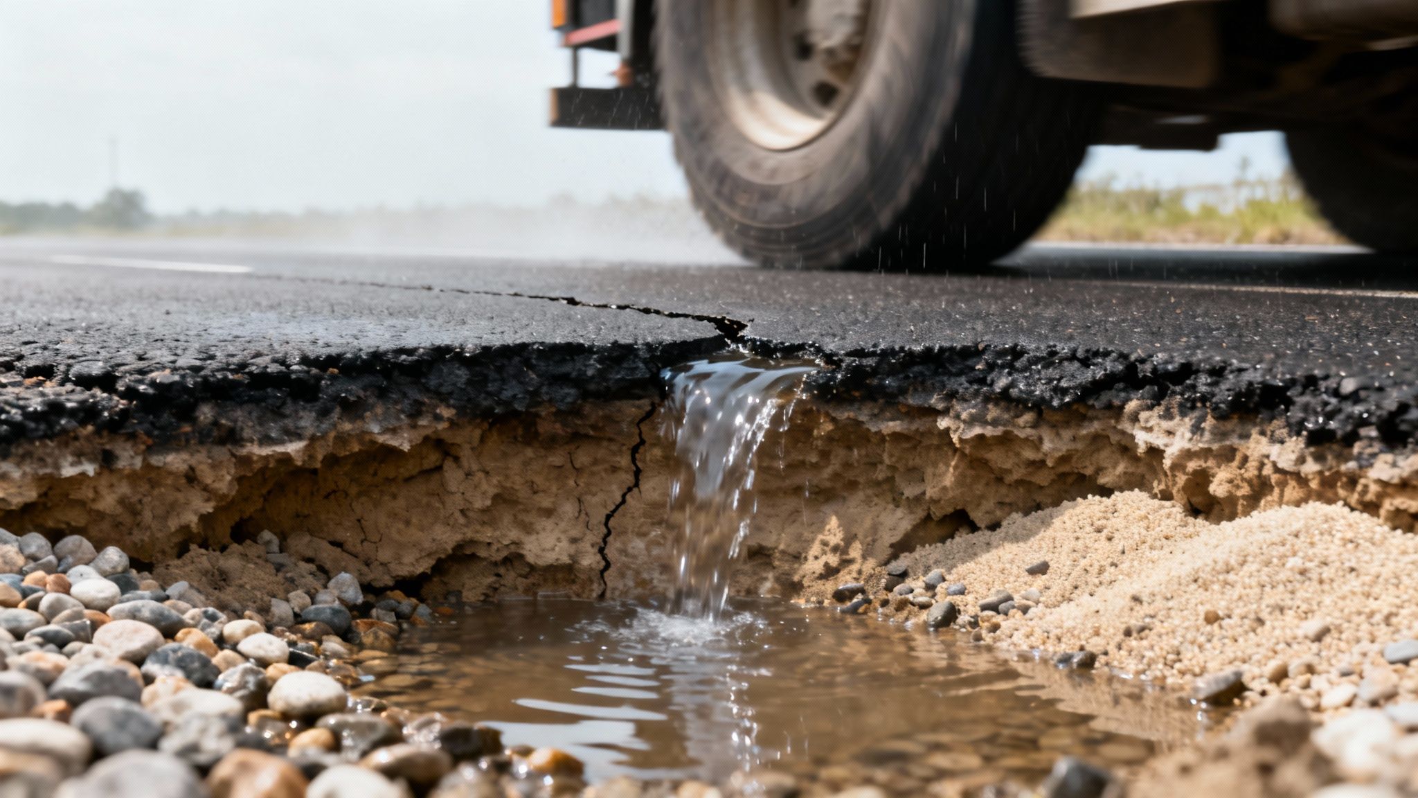 A crumbling asphalt road after heavy rain, with visible cracks and pooling water.