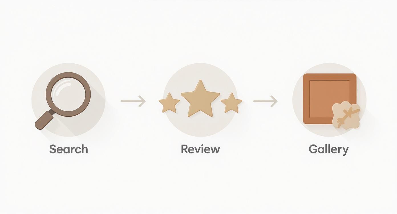 A visual workflow diagram illustrating three steps: Search (magnifying glass), Review (three stars), and Gallery (picture frame with leaf icon).