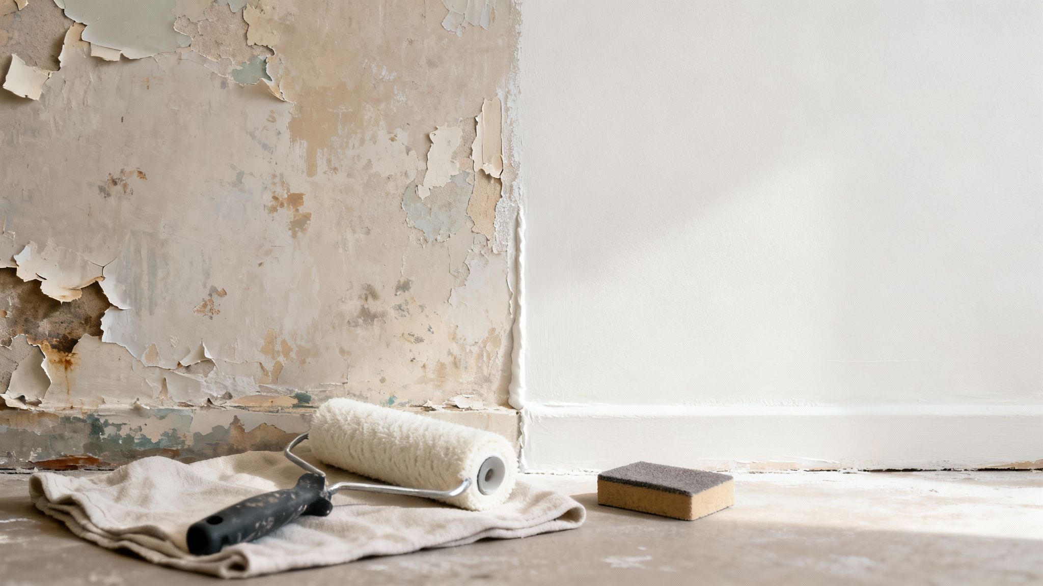 A wall half-painted white, showcasing peeling old paint next to a fresh coat, with a roller and sponge.