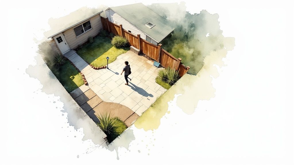 A well-lit, functional patio space with integrated seating and plants.