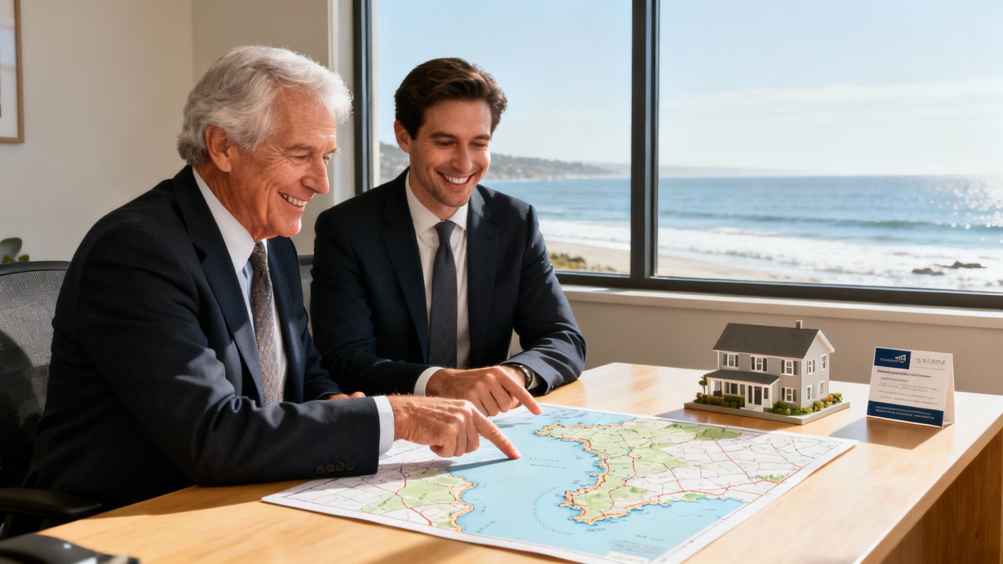 Two smiling businessmen discuss real estate by a window overlooking the ocean.