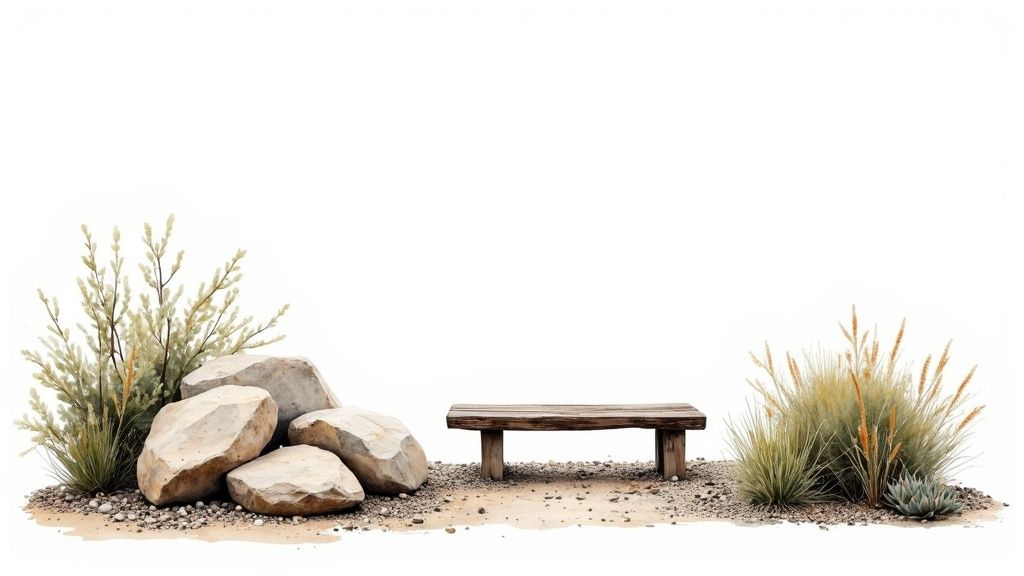 A natural outdoor scene with light-colored rocks, a simple wooden bench, and desert plants.