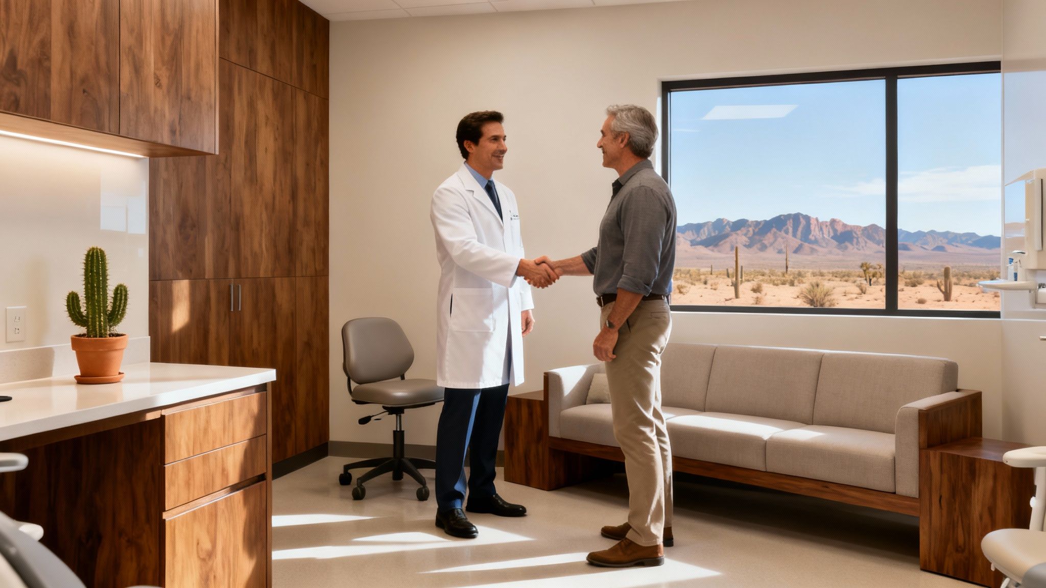 A smiling male doctor in a white coat shakes hands with a male patient in a modern clinic.