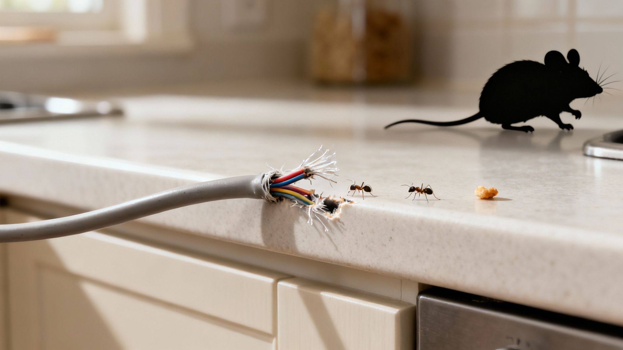 A kitchen counter shows a chewed electrical cable, ants, a food crumb, and a mouse silhouette, indicating pest infestation.