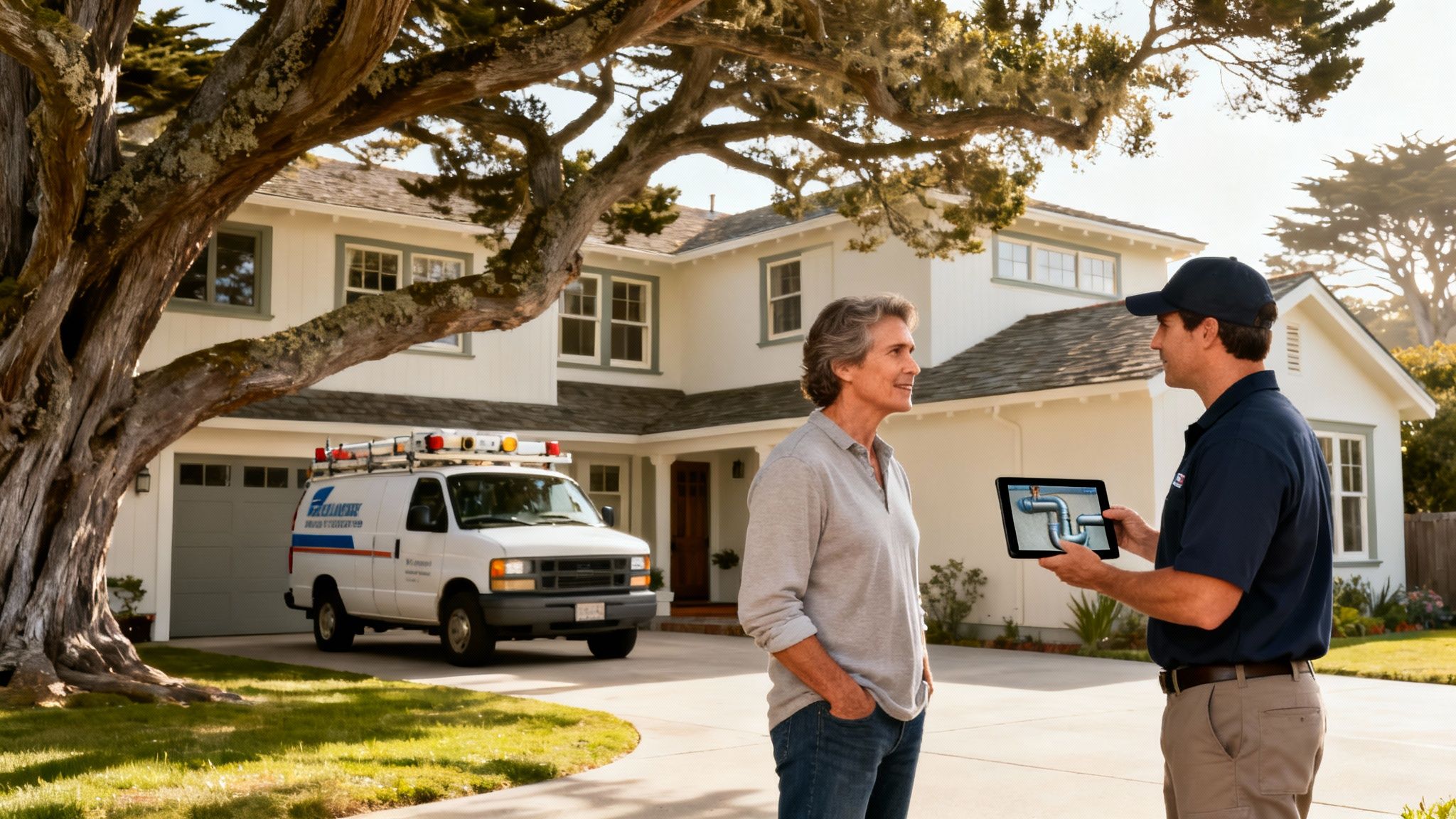 When Should You Use Hydro Jetting for Your Monterey Home? A Quick Guide 1 A plumbing technician discusses pipe system diagrams on a tablet with a homeowner.