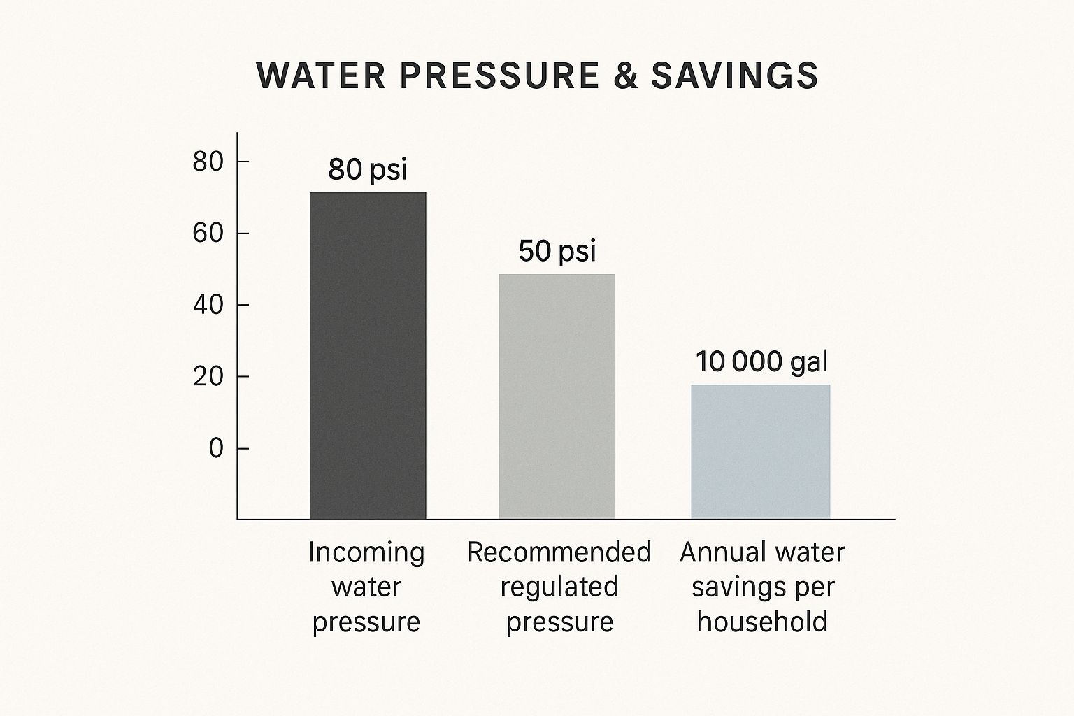 A data chart showing the difference between high incoming water pressure, recommended regulated pressure, and the potential annual water savings.