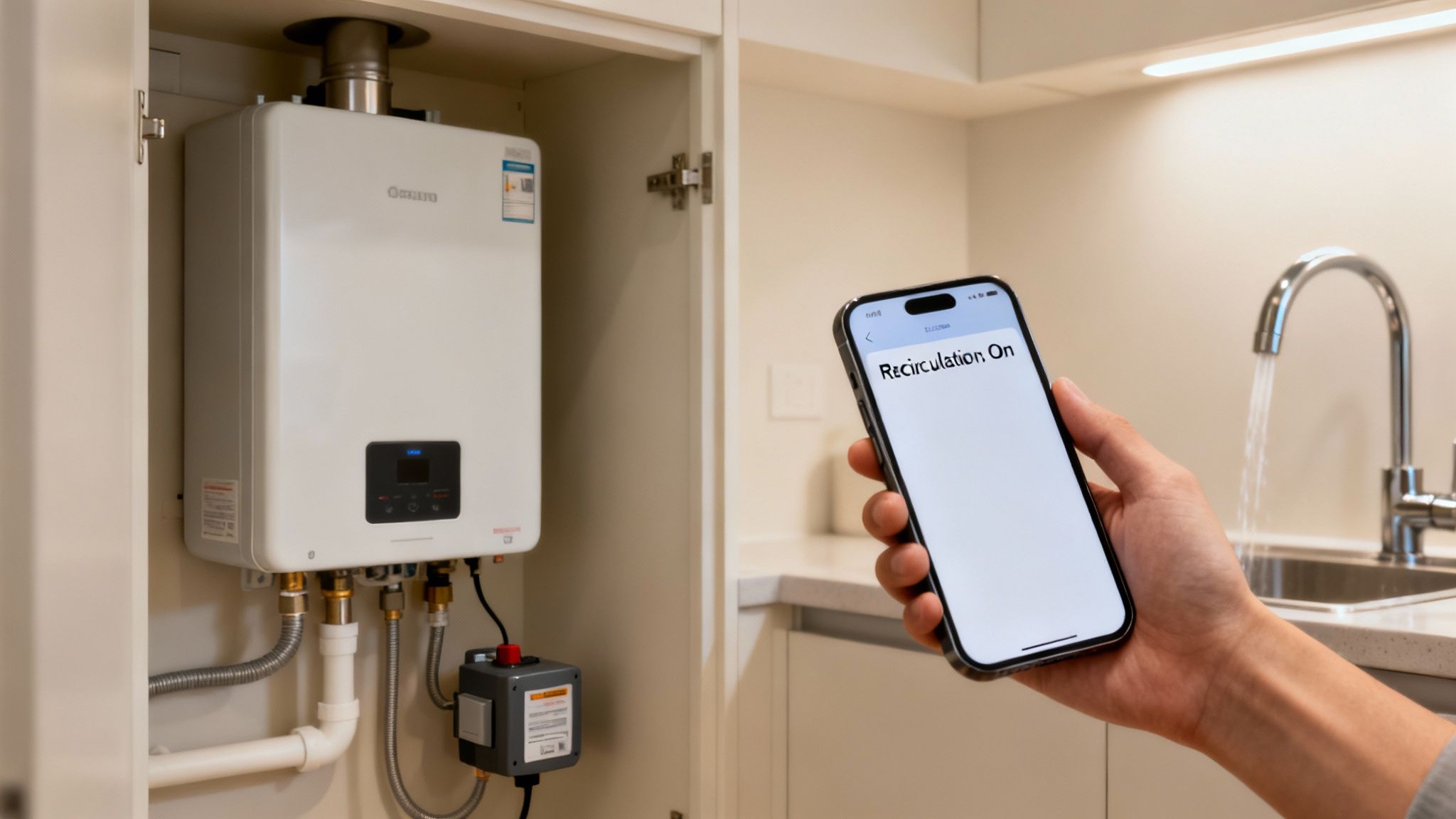 A hand holds a phone showing "Recirculation On" next to a modern tankless water heater.