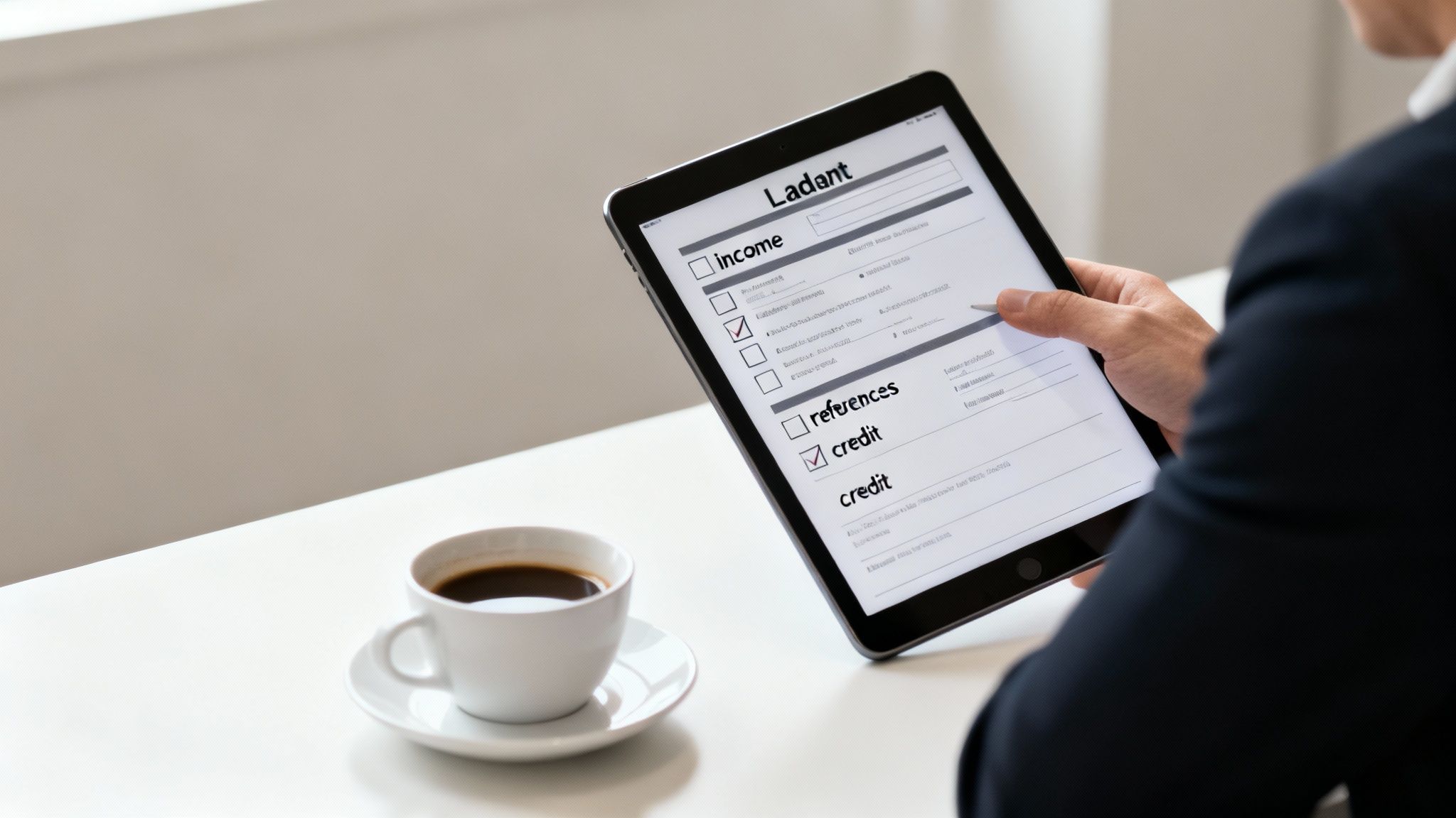 Person reviewing landlord tax checklist on tablet including income, deductions, and credits sections