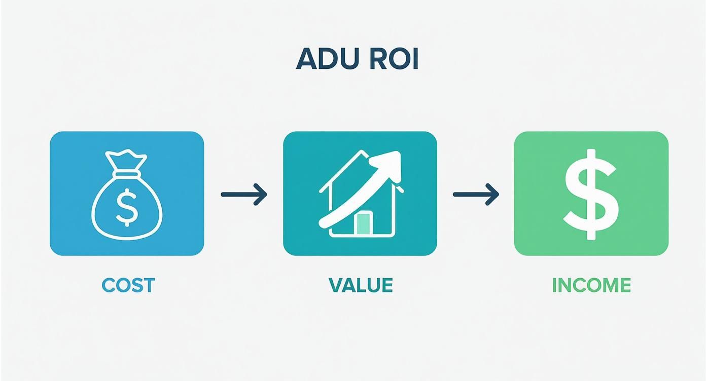 An infographic showing the return on investment process for an ADU, starting with initial cost, leading to increased property value, and resulting in rental income.