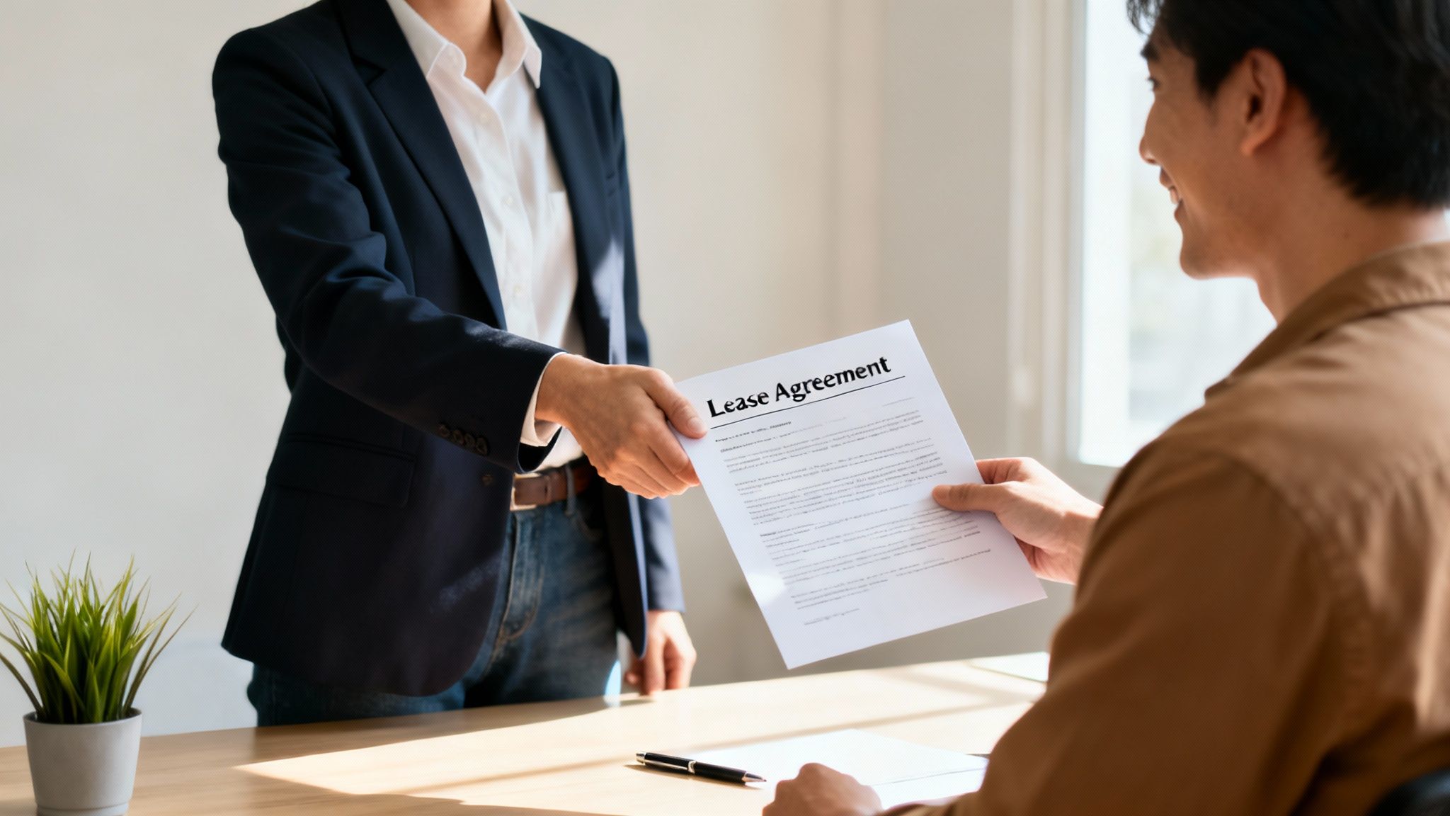 A real estate agent hands a lease agreement document to a smiling tenant at a desk.