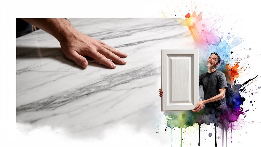 A hand touches a marble surface; a man, composed of colorful watercolor splashes, holds a cabinet door, looking inspired.